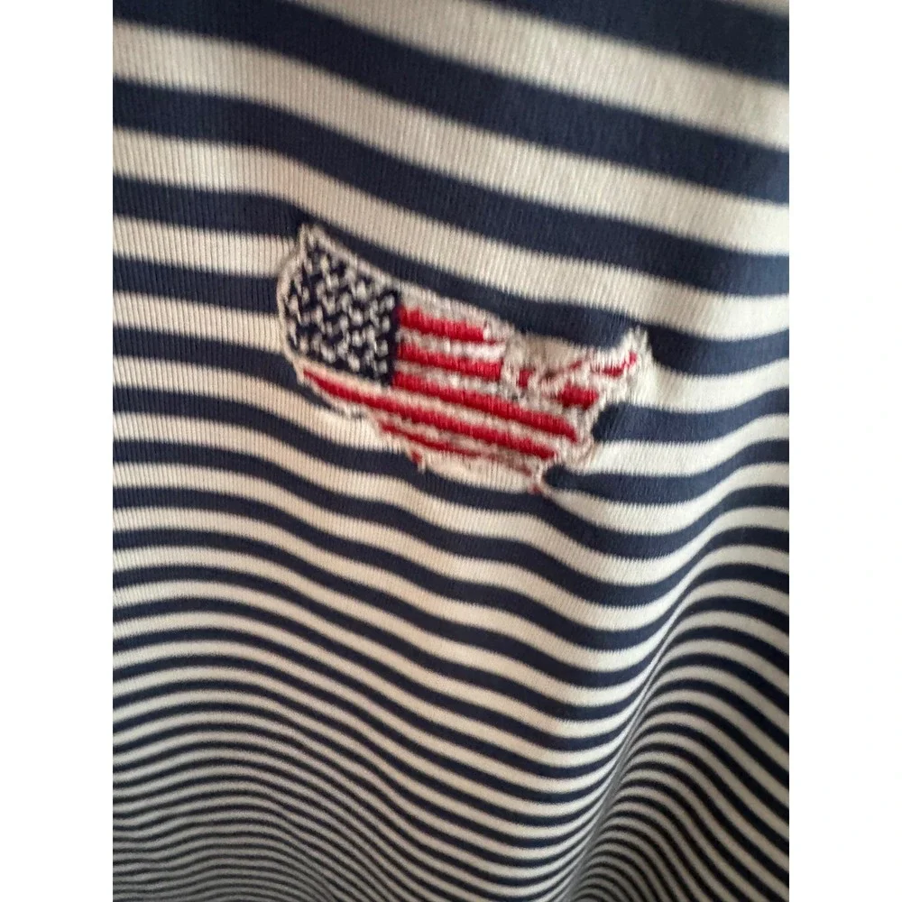 The State Company Mens XL Polo‎ Shirt Navy White Striped USA Flag Map Golf Top